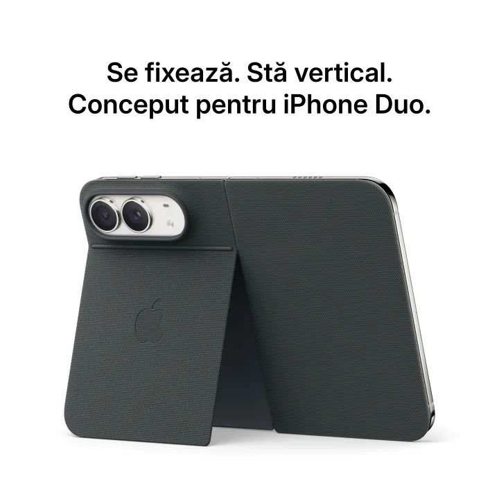 Husă-suport pentru iPhone Duo. Se fixează. Stă vertical. Conceput pentru iPhone Duo.