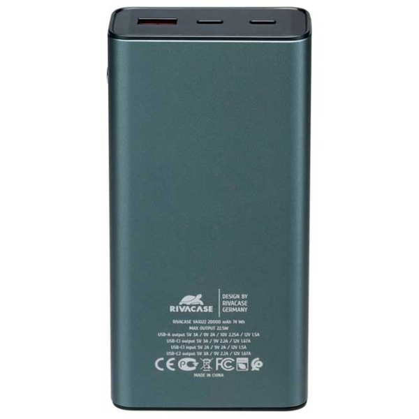 Power Bank RivaCase VA1022 20000 mAh / 22.5 W / Metallic Gray photo 3