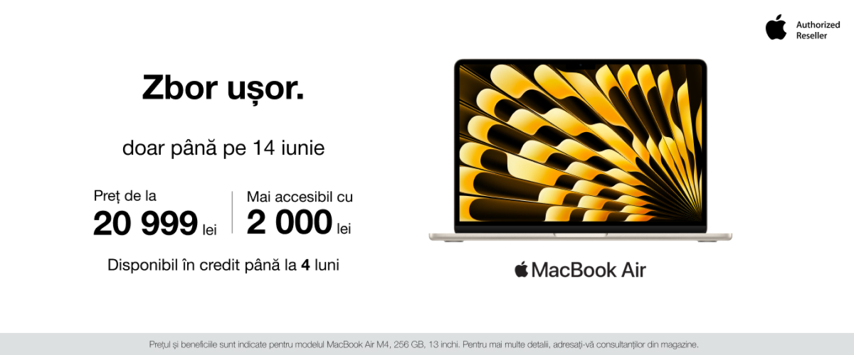 MacBook Air Alege-l acum de la 20 999 lei, cu 2 000 lei mai accesibil, sau cu credit 0%