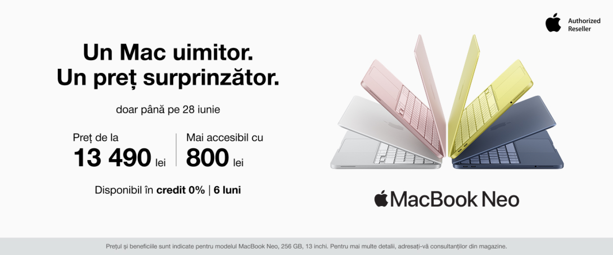 Alege acum noul MacBook Neo mai accesibil cu 800 lei!