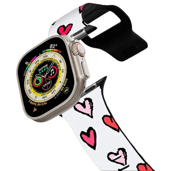 Curelușă Apple Watch Ultra 2 Impact Band Romantic Girly Pink Red Sketched Hearts Pattern on White 38, 40, 41 mm/ Black Multicolor photo 1