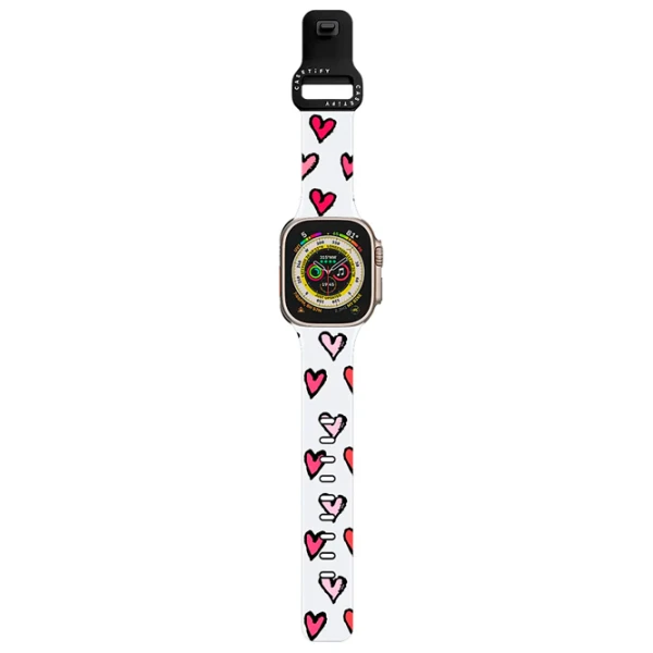 Curelușă Apple Watch Ultra 2 Impact Band Romantic Girly Pink Red Sketched Hearts Pattern on White 38, 40, 41 mm/ Black Multicolor photo 2