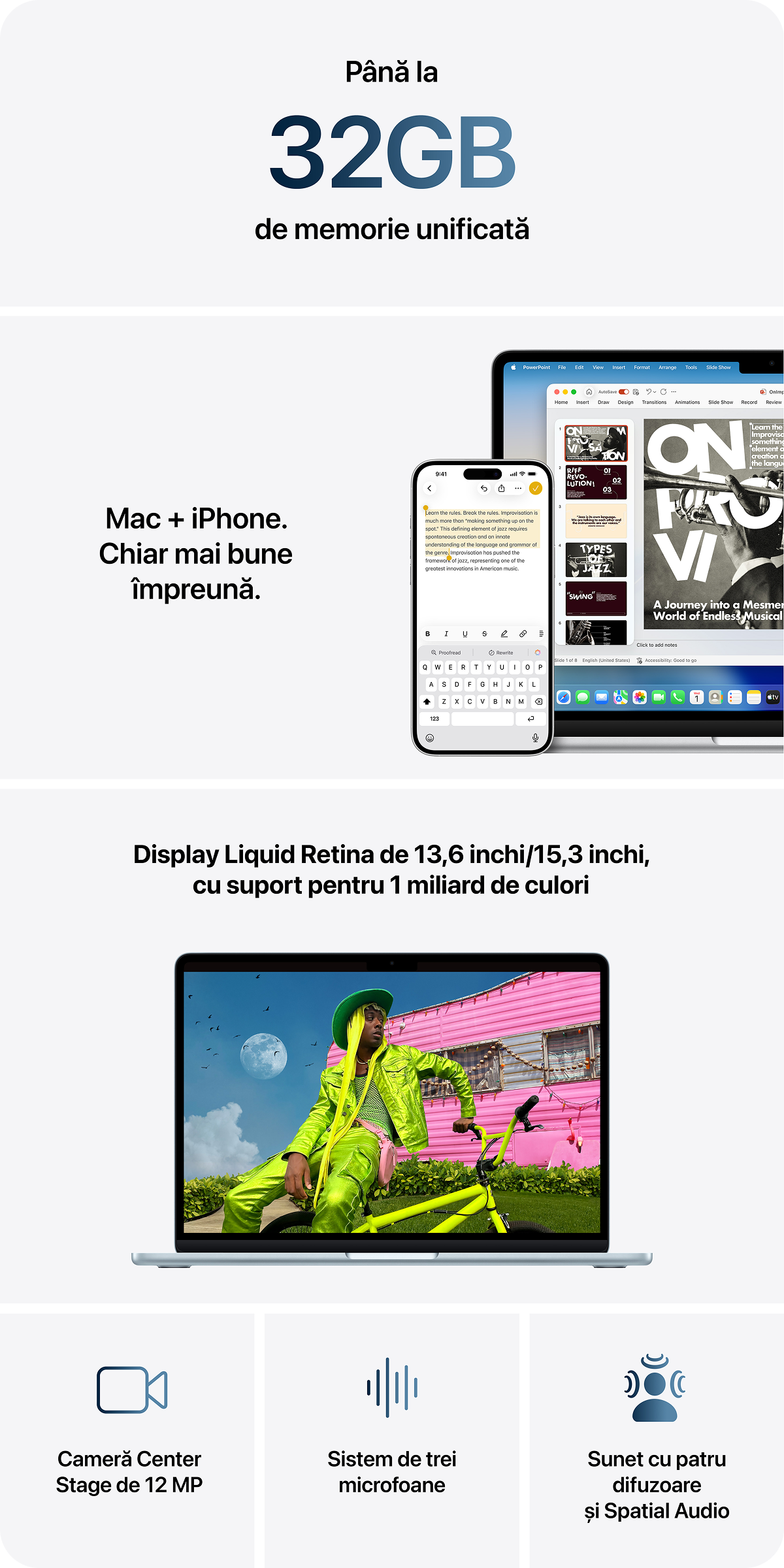 MacBook Air cu cipul M5 oferă o viteză fulgerătoare
și capabilități AI puternice,
într-un design incredibil de portabil.